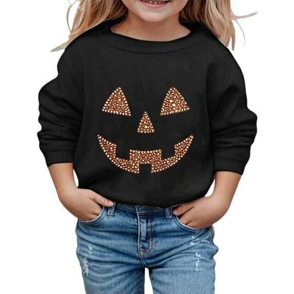 Tisuna Girls Halloween Sweatshirts Pumpkin Print Long Sleeve Crew Neck Tops Fashion Kids Theme Party Sweatshirt Size 2-3 Years Black