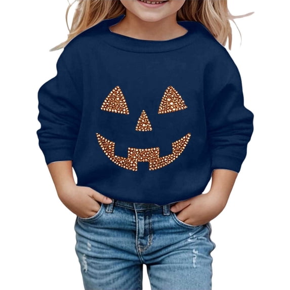 Tisuna Girls Halloween Sweatshirts Pumpkin Print Long Sleeve Crew Neck Tops Fashion Kids Theme Party Sweatshirt Size 3-4 Years Navy