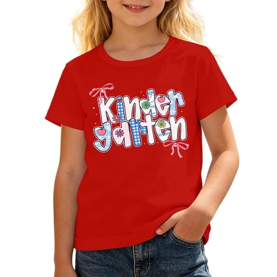 Tisuna Teen Girls Preschool T Shirts Letter Print Short Sleeve Crew Neck Tops Lightweight Kids Back To School T-Shirts Size 3-4 Years Red