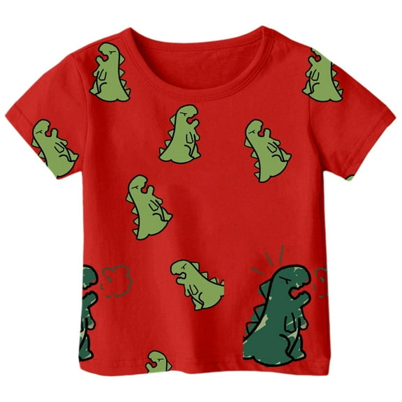 Tisuna Tees For Girls Child Cute Dinosaur Print Short Sleeve Crew Neck Shirts Fashion Loose Little Kids Summer Pullover Tops Red Size 6-7 Years