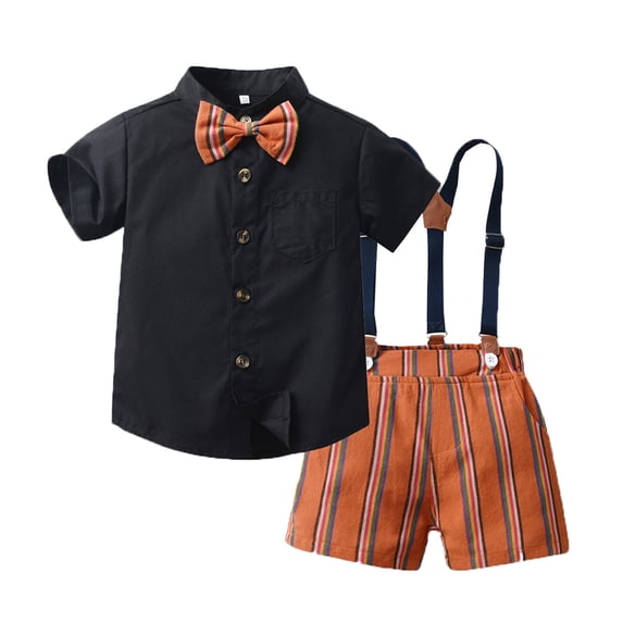 Tisuna Toddler Boys Casual Outfit Set Solid Color Short Sleeve Button Down T Shirt Tops And Suspenders Striped Print Shorts Set Breathable Soft Infant Kids Gentleman Outfits Black