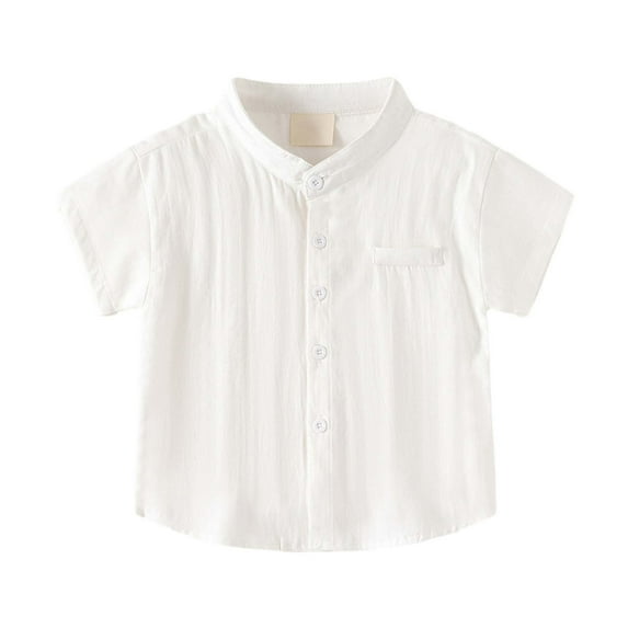 Tisuna Toddler Boys Shirt Solid Color Short Sleeve Stand Collar Tops Leisure Soft Summer Kids Button Up Clothes White Size 4-5 Years