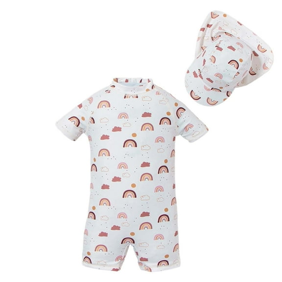 Tisuna Toddler Boys Summer One-Pieces Swimsuit Cartoon Print Short Sleeve Stand Collar Romper Cute Breathable Kids Boys Pool Beach Holiday Outfits With Hat Brick Red Size 18-24 Months