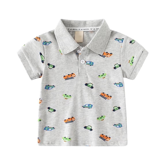 Tisuna Toddler Boys Summer T Shirt Kids Cartoon Car Print Short Sleeve Lapel Collar Top Lightweight Casual Summer Beach School Party Outfit Grey Size 6-7 Years