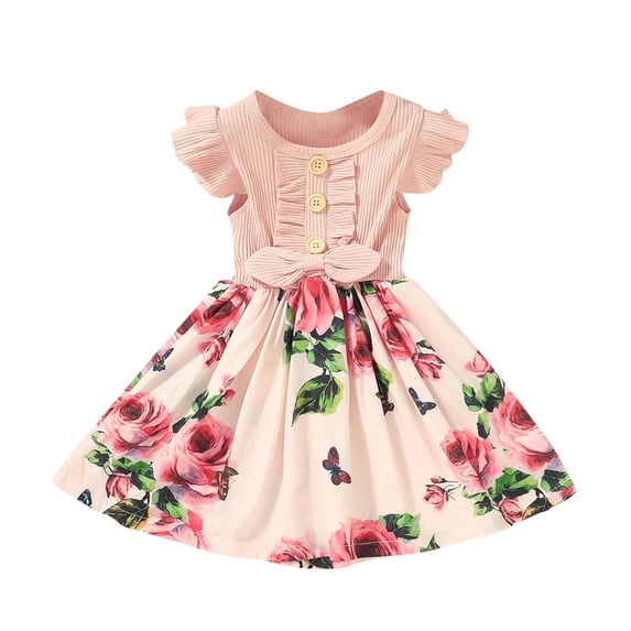 Tisuna Toddler Dress For Girls Floral Print Ruffled Sleeve Crew Neck Dresses Breathable Leisure Infant Girls Summer School Play Street Wear Size 3-4 Years Pink