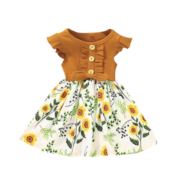 Tisuna Toddler Dress For Girls Floral Print Ruffled Sleeve Crew Neck Dresses Breathable Leisure Girls Summer School Play Street Wear Size 3-4 Years Yellow