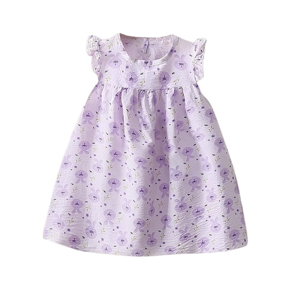 Tisuna Toddler Dress With Floral Print For Girls Ruffled Sleeve Crew Neck Dresses Fashion Cute Little Girls Summer Dailywear Purple Size 6-12 Months