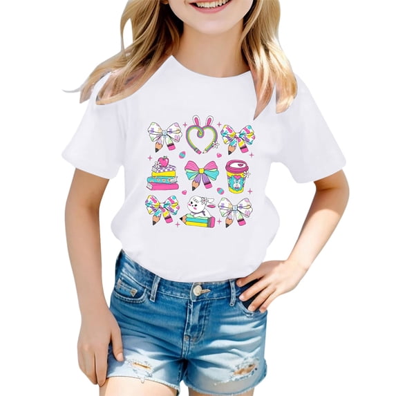 Tisuna Toddler Girl'S Easter T-Shirts Cartoon Print Short Sleeve Crew Neck Tops Stylish Soft Little Girls Festival Party Playwear Summer Outfits White Size 10-11 Years