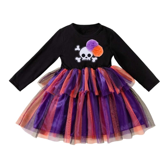 Tisuna Toddler Girl'S Halloween Dresses Skull Print Long Sleeve Crewneck Party Dress Fashion Kids Festival Theme Daily Dress Size 3-4 Years Orange