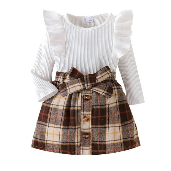 Tisuna Toddler Girls 2 Pieces Outfits Plaid Print Long Sleeve Crew Neck Set Loose Comfortable Autumn Winter Girls Tops And Skirt Set White Size 18-24 Months