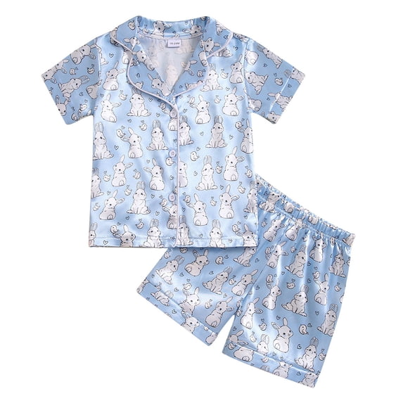 Tisuna Toddler Girls 2 Pieces Sleep Outfits Bunny Print Short Sleeve Lapel Collar Shirt And Shorts Set Cute Fashion Girls Easter Holiday Loungewear Set Blue Size 18-24 Months