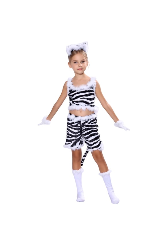 Toddler Girls 5 Pieces Zebra Outfit Set Striped Print Sleeveless Crew Neck Crop Tops And Shorts Set Stylish Fashion Little Girls Holiday Party Performance Play Wear Black