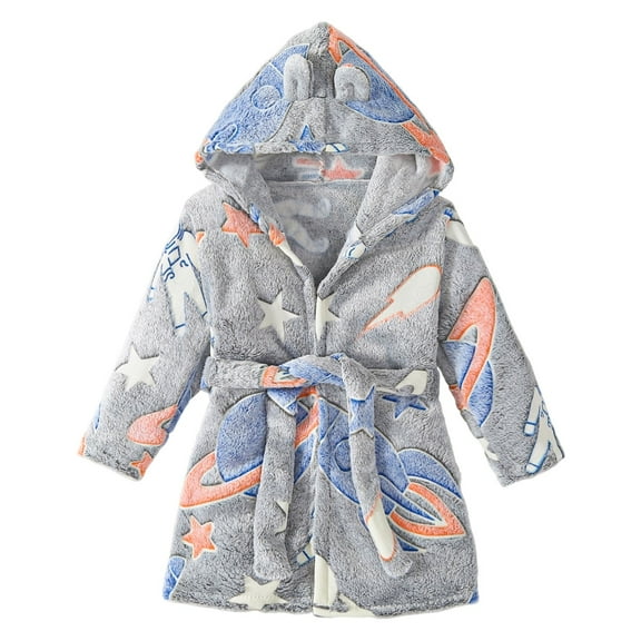 Tisuna Toddler Girls Boys Pajamas Dinosaur Print Long Sleeve Cute Ear Hooded Robe Warm Cute Autumn Winter Kids Robe Sleepwear Dark Gray Size 5-6 Years