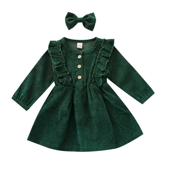Tisuna Toddler Girls Dress Solid Color Long Sleeve Crew Neck Dresses Breathable Casual Autumn Winter Girls Daily Wear Dress 18-24 Months Green