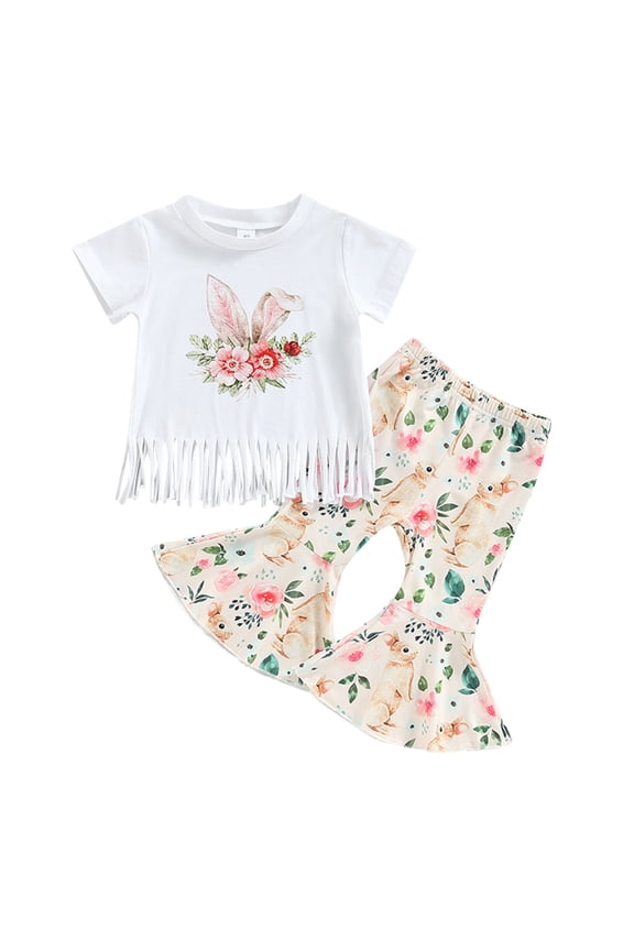 Toddler Girls Easter Clothing Set Rabbit Ear Print Short Sleeve Tops Floral Print Flare Leg Pants Fashion Casual Girls Festival 2 Pieces Outfit Set Size 18-24 Months