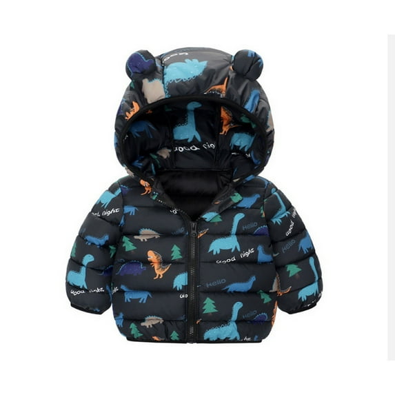 Tisuna Toddler Girls Jacket Dinosaur Print Long Sleeve Bear Ear Hooded Cute Lovely Winter Kids Outerwear Black Size 12-18 Months