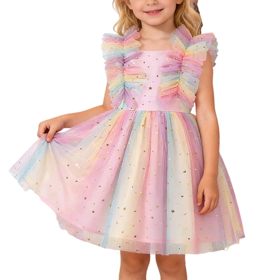 Tisuna Toddler Girls Mesh Dress Colorful Print Sleeveless Suspender Dresses Comfortable Lightweight Girls Festival Princess Dress Pink Size 5-6 Years