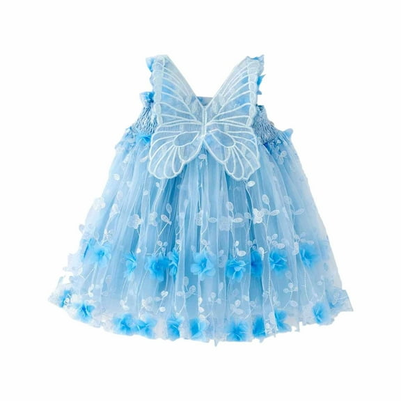 Tisuna Toddler Girls Mesh Dresses Butterfly Print Sleeveless Suspender Dress Beauty Lightweight Girls Summer Birthday Casual Wear Blue Size 4-5 Years