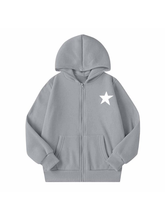 Toddler Girls Zip Up Hoodie Star Print Tops Hooded Fall Winter Long Sleeve Jacket Soft School Wear, Size 5-14 Years, Grey