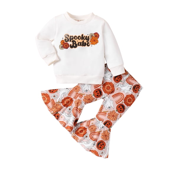 Tisuna Toddler Halloween Outfit Set Girls Letter Print Sweatshirt And Flare Pants Set Comfort Fit Kids Festive Party 2 Pieces Outfits For Age 6 Months-4 Years