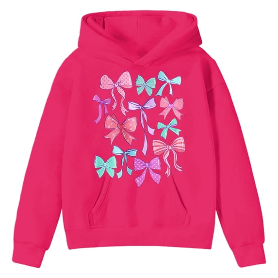 Tisuna Toddler Hoodies Girls Relaxed Fit Bowknot Print Hoodie With Kangaroo Pocket Teen And Youth Casual Wear Long Sleeve Tshirts Size 10-11 Years