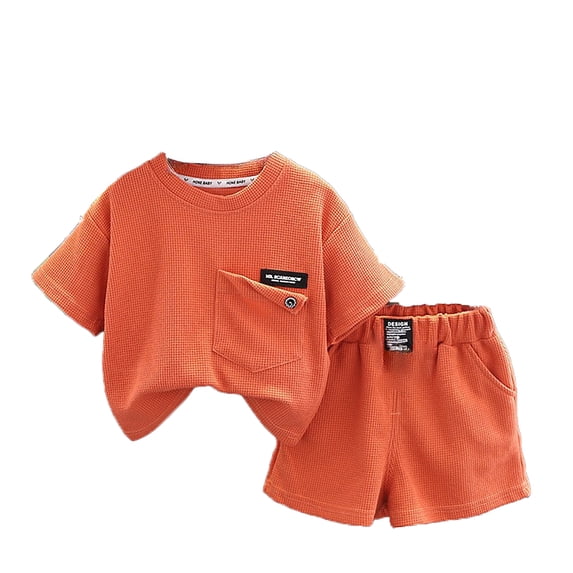Tisuna Toddler Matching Sets Boys Solid Color Short Sleeve Crew Neck Tops And Shorts Set Breathable Fashion Little Boys Casual Holiday Vacation Outfits Size 3-4 Years Orange
