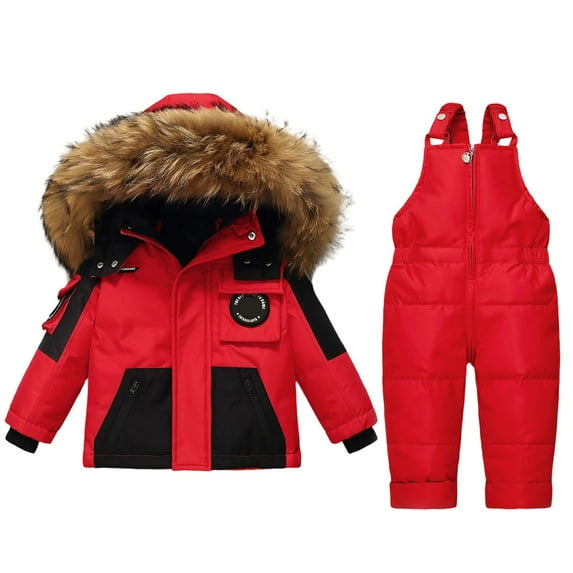 Tisuna Toddler Snowsuit For Girls Boys Color Block Hooded Down Jacket And Solid Color Suspender Trousers Set Thermal Warm Kids Winter Ski Wear Clothes Set Red Size 4-5 Years