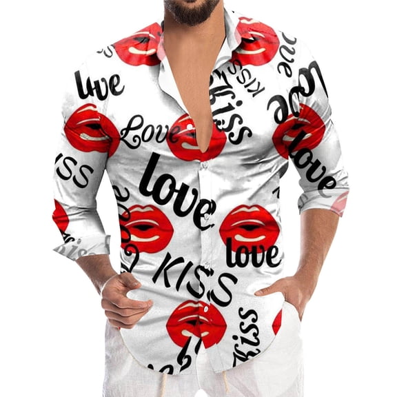 Tisuna Valentine'S Blouse For Men Cartoon Print Long Sleeve Lapel Neck Shirts Casual Regular Fit Men Festival T Shirt Xxl