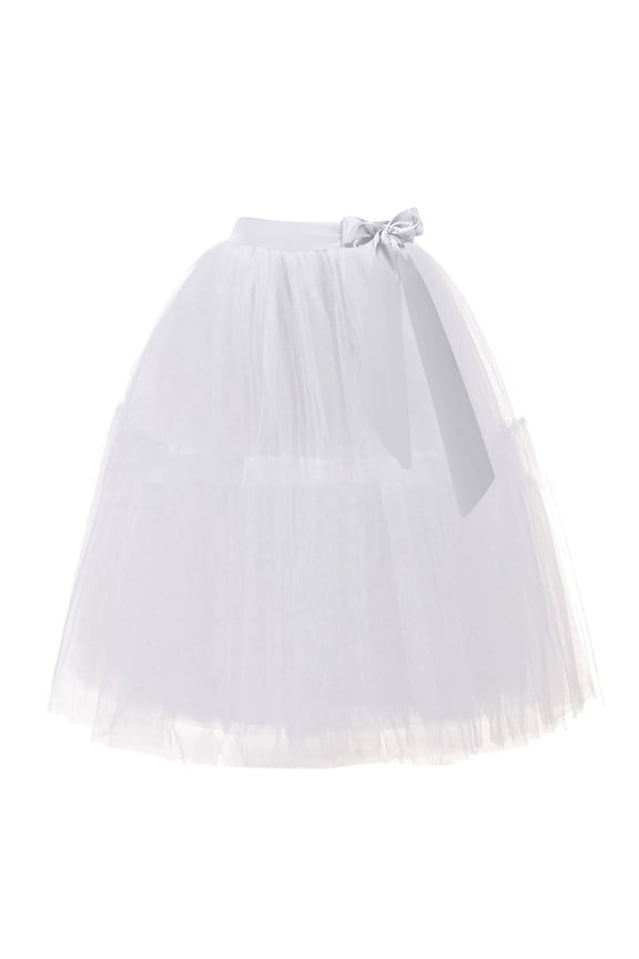 White Carnival Mesh Layered Skirt Solid Color Bowknot Elastic Waist Midi Skirts Stylish Modern Ladies Mardi Gras Skirt