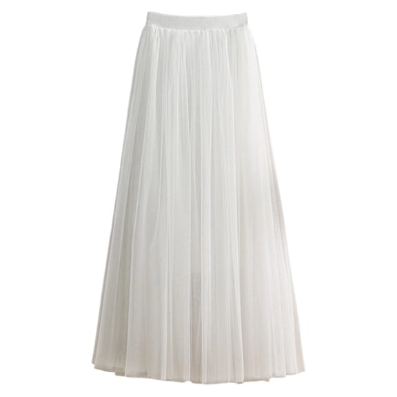 Tisuna White Long Skirt For Women Solid Color Elastic Waist Multi Layered Pleated Skirts Fashion Lightweight Ladies Female Mardi Gras Casual Wear