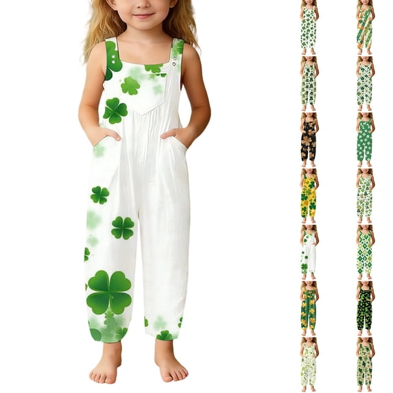 Tisuna White Stylish Girls Sleeveless Festival Jumpsuit Floral Print Suspender Romper Fashion Loose Little Girls Youth Summer Playwear Outfit With Pocket Size 5-6 Years
