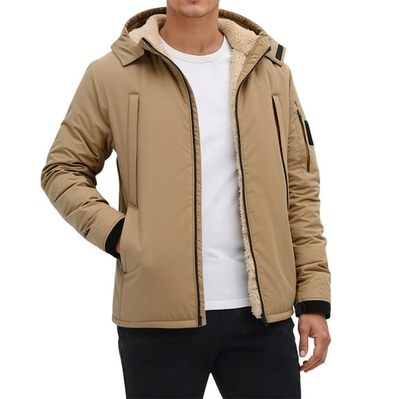 Tisuna Winter Jackets For Men Solid Color Long Sleeve Hooded Coat Comfortable Soft Autumn Winter Men Zip Up Outerwear Khaki Size S