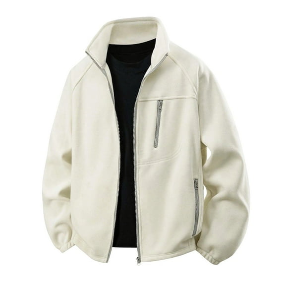Tisuna Winter Jackets For Men Solid Color Long Sleeve Stand Collar Coat Classic Warm Men Fall Winter Fleece Jacket White Size Xl