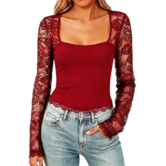 Tisuna Women Long Sleeve Lace T-Shirts Stretch Solid Color Square Neck Tops Ladies Going Out Tshirts Size L