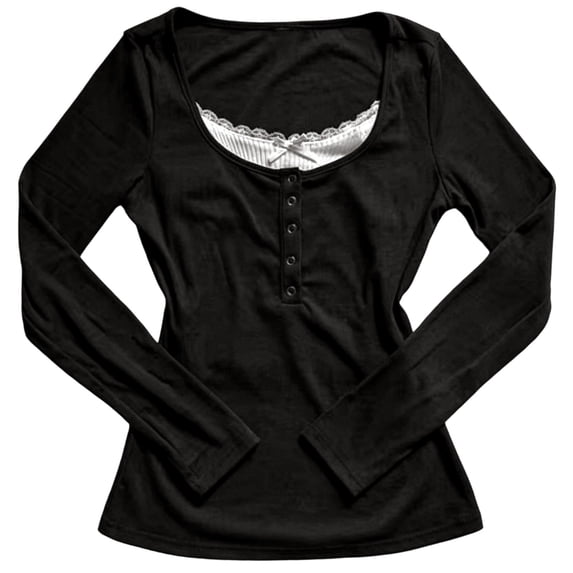 Tisuna Women Long Sleeve T-Shirts Casual Solid Color Crewneck Tops With Lace Layer Ladies Work School Clothes Size S