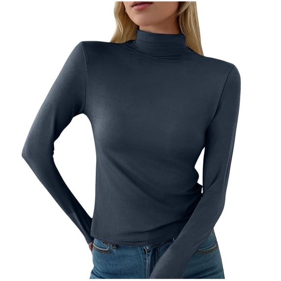 Tisuna Women Long Sleeve T-Shirts Elegance Solid Color High Neck Tops Ladies Work School Outfits Size L