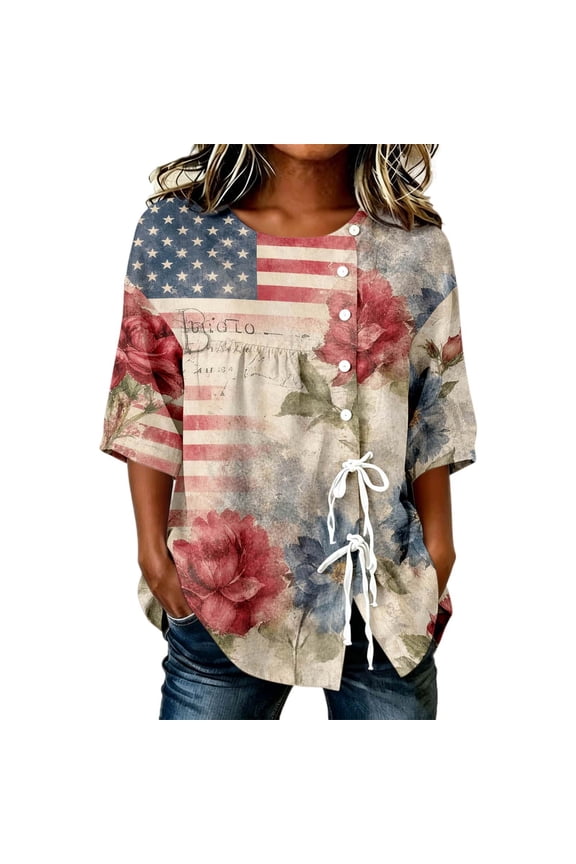Women'S 3/4 Sleeve Floral Print American Flag Shirts Loose Retro Crew Neck Button Tops Women'S Fourth Of July Celebration Anniversary USA Tee Shirts Red Size Xxxxl