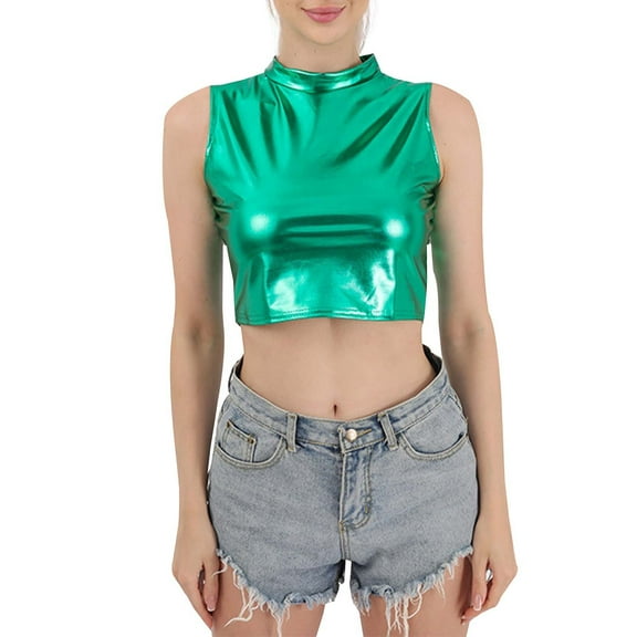 Tisuna Women'S Carnival Cropped Tops Sparkling Solid Color Sleeveless Crew Neck Shirt Stylish Sexy Ladies Slim Fit Parties Tank Tops Green