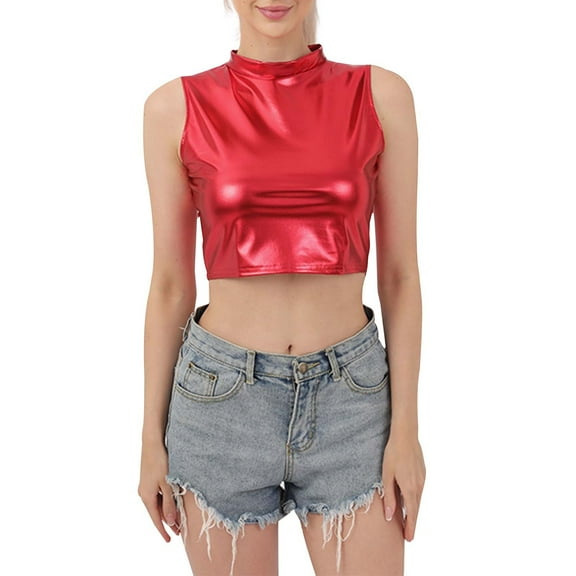 Tisuna Women'S Carnival Cropped Tops Sparkling Solid Color Sleeveless Crew Neck Shirt Stylish Sexy Ladies Slim Fit Parties Tank Tops Red