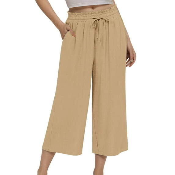 Tisuna Women'S Casual Capri Pants Solid Color High Waist Straight Leg Trousers Breathable Comfort Fit Female Work Street Playwear Outfits Khaki Size M
