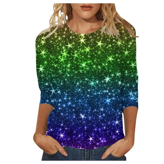 Tisuna Women'S Casual Carnival Shirt Sequin Circular Pieces Crop Sleeve Crew Neck Tops Fashion Stylish Ladies Festival Club Blouse Green