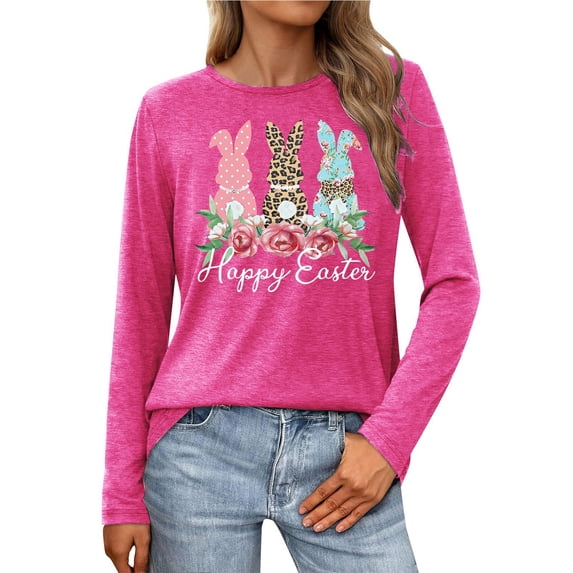 Tisuna Women'S Easter Long Sleeve Tshirts Bunny Print Round Neck Graphic Tee Leisure Relax Fit Female Festival Casual Spring Shirts Hot Pink Size M