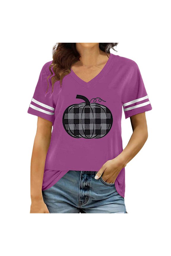 Women'S Halloween Short Sleeve T Shirts Pumpkin Print V Neck Graphic Tops Comfortable Ladies Halloween Theme Party Tees Shirts Light Purple Size S