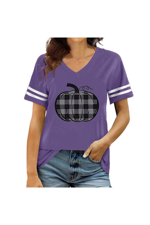 Women'S Halloween Short Sleeve T Shirts Pumpkin Print V Neck Graphic Tops Comfortable Ladies Halloween Theme Party Tees Shirts Purple Size Xl