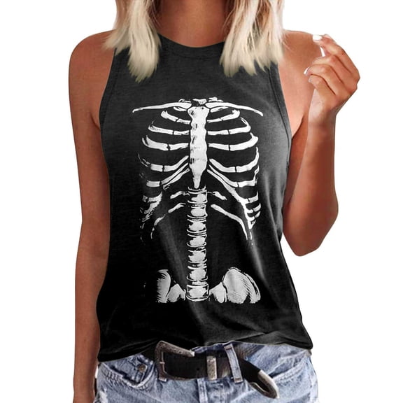 Tisuna Women'S Halloween Sleeveless Tank Tops Skeleton Print Crewneck Graphic Vest Stylish Fit Ladies Halloween Theme Party Tees Shirts Black Size L