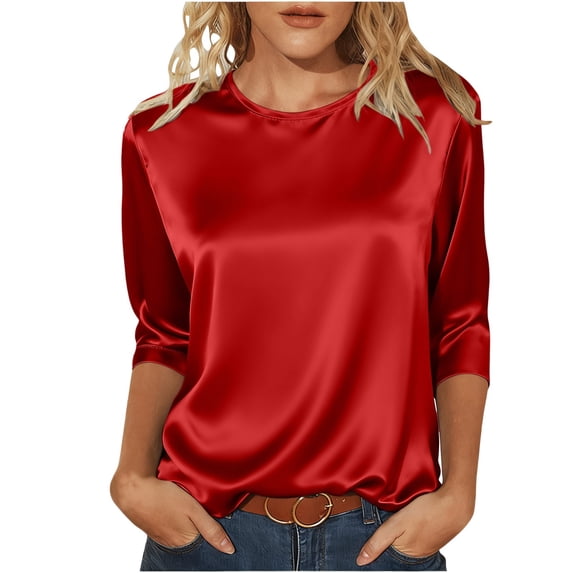 Tisuna Women'S Silk T-Shirts Solid Color 3/4 Sleeve Crew Neck Shirt Classic Fit Casual Fashion Ladies Business Party Summer Outfits Size M