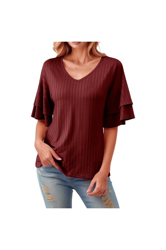 Women'S Summer Tops Stylish V Neck Ruffle Sleeve Solid Color T Shirt Comfortable Fashion Ladies Street Workout Shirts Size Xl