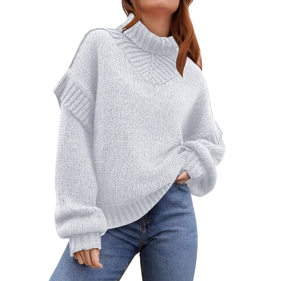 Tisuna Women'S Sweaters Solid Color Long Sleeve High Collar Tops Warm Fashion Women Fall Winter Loose Fit Sweaters White Size S