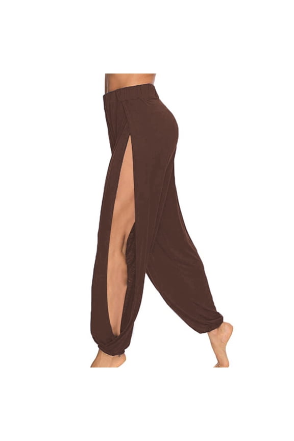 Women'S Yoga Pants Solid Color Elastic Waist Taper Leg Trousers With Side High Slit Leisure Loose Fit Women Dance Casual Daily Wear Coffee Size S