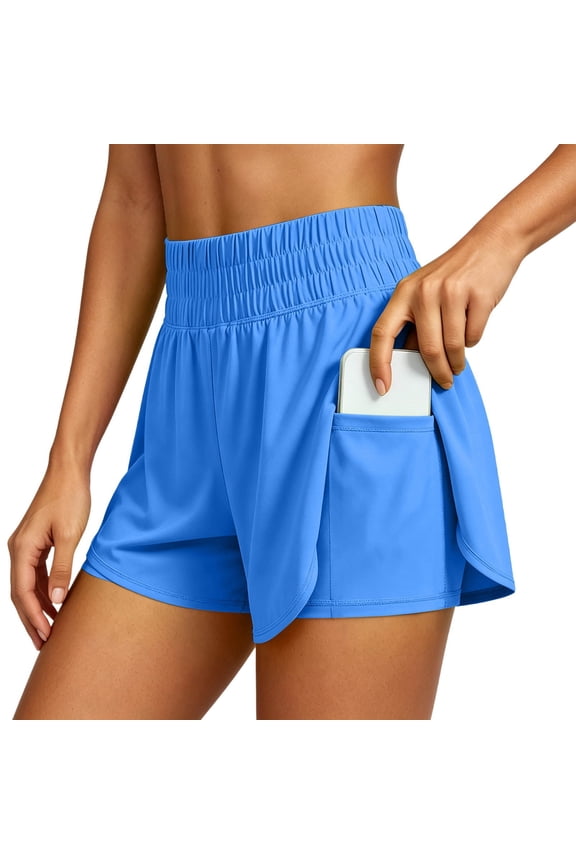 Women'S Yoga Shorts High Waist Solid Color Trendy Running Shorts Ladies Straight Leg Sport Athletic Double Layer Shorts Blue